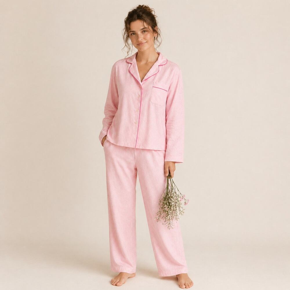 Vintage Floral Flannel Pajama Set M Pink Soft Cotton Hong Kong NWOT